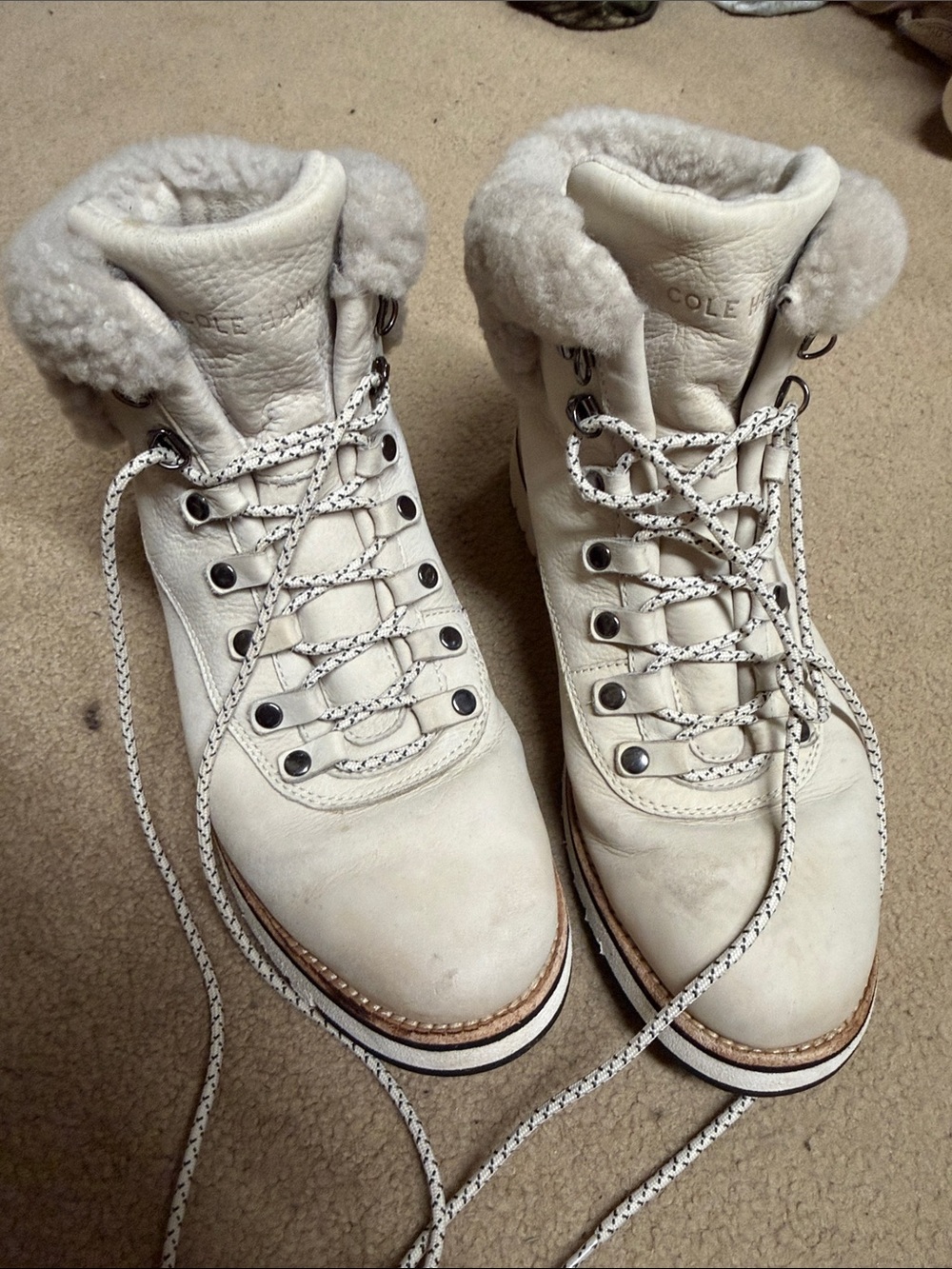 Cole Haan Cream/White Shearling-Trim Leather Hiker Boots